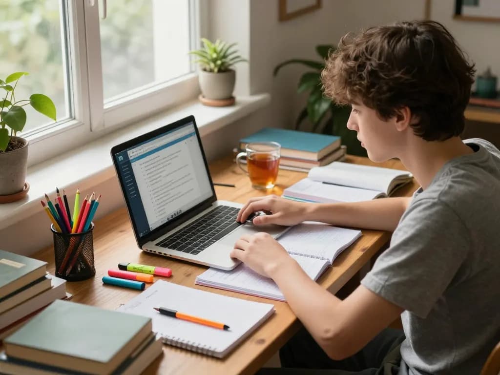 Engagierter Schüler, der den Hausaufgaben KI-Hausaufgabenassistenten in einem gemütlichen Arbeitszimmer nutzt.