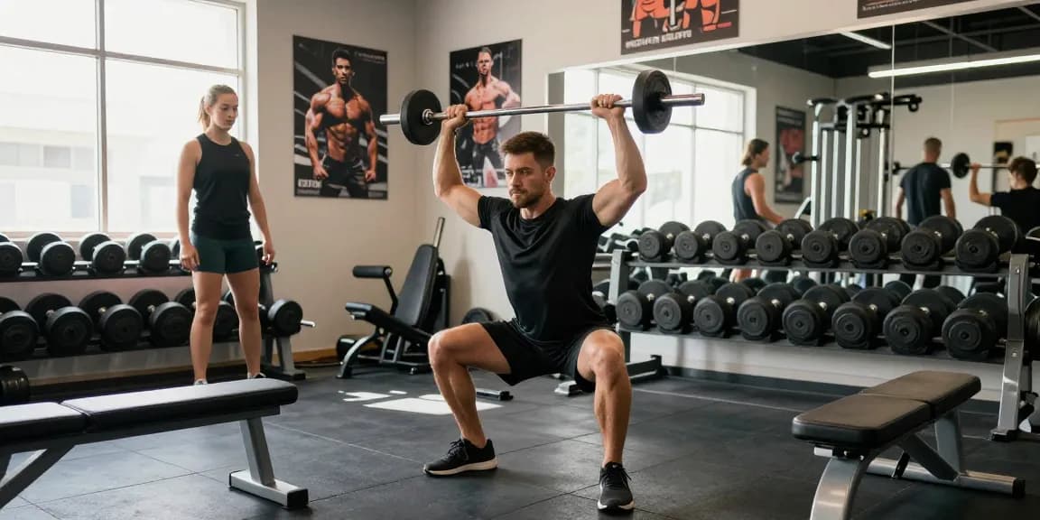 Selliza Shop: Fitness-Enthusiast hebt Gewichte in modernem Fitnessstudio mit motivierender Atmosphäre.