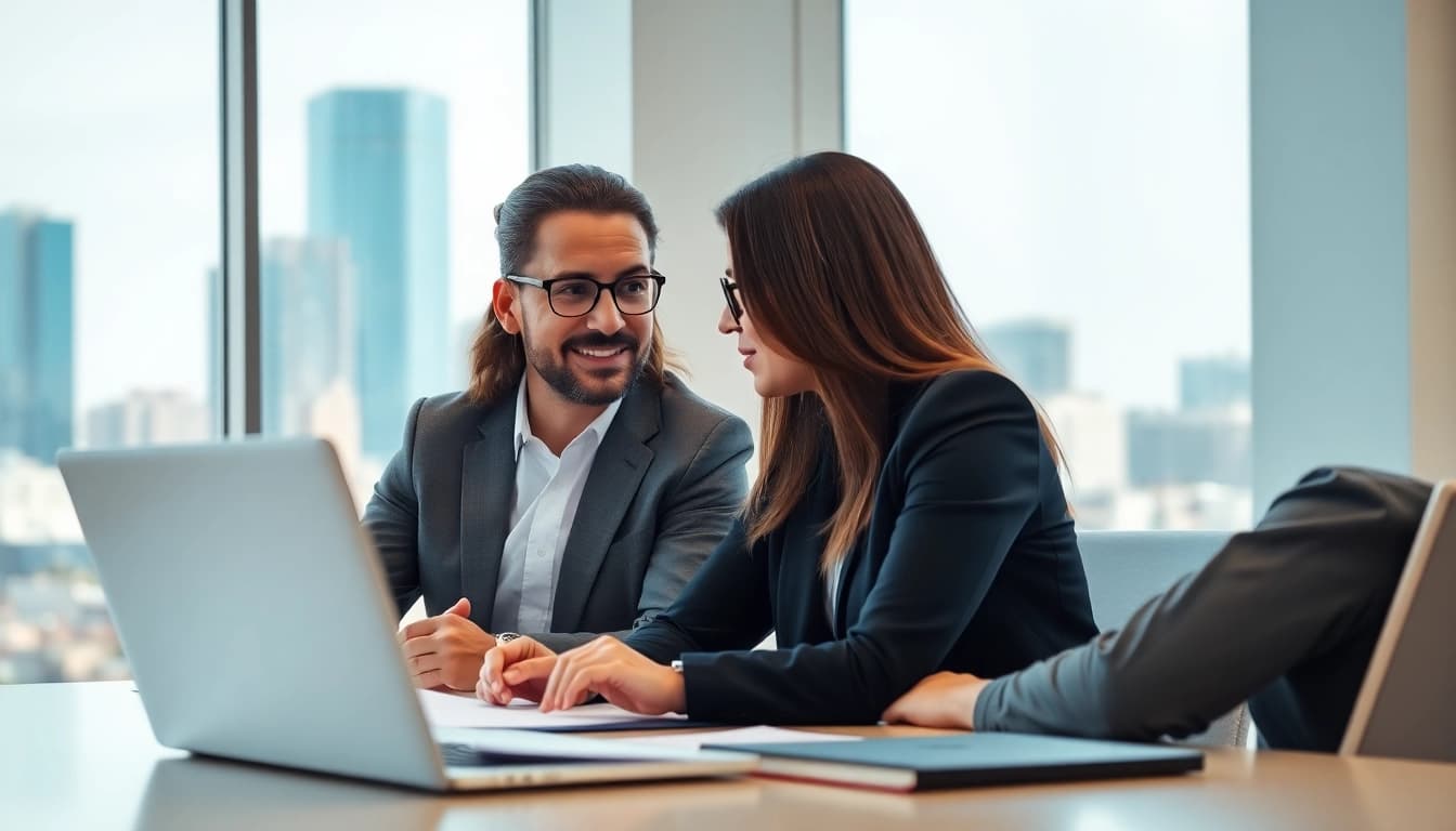 Headhunter Ingenieure interviewt potenziellen Kandidaten in hell erleuchtetem Büro.