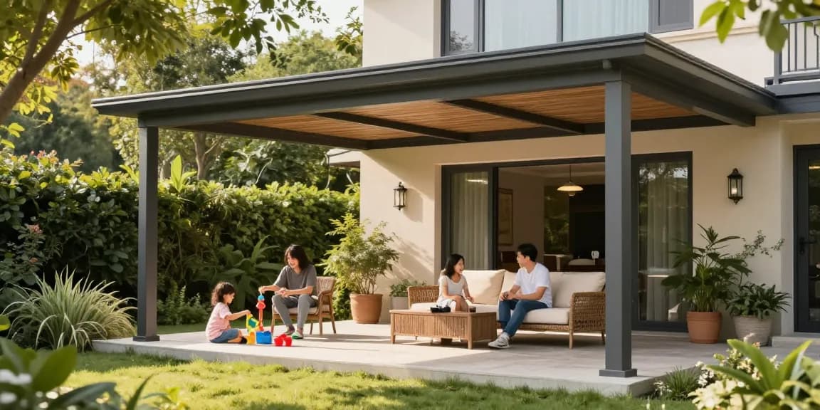 Familie entspannt unter einer freistehenden Terrassenüberdachung im Garten mit grünem Umfeld.