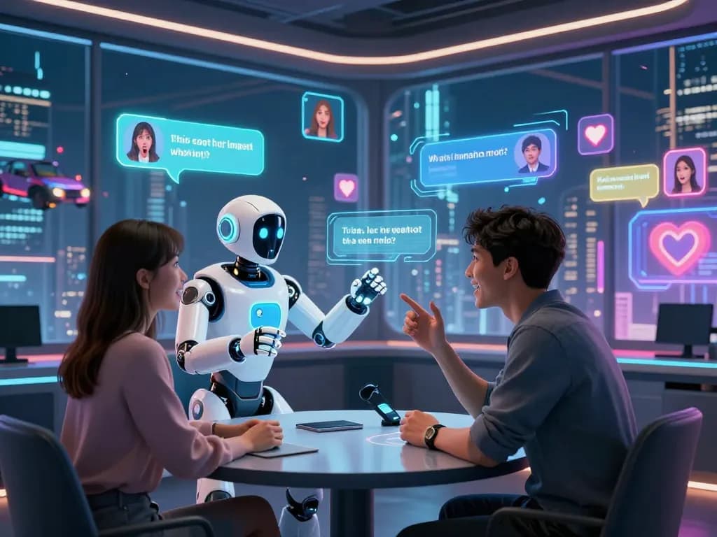 Engaging NSFW chat bot interaction in a futuristic virtual chat room with avatars.