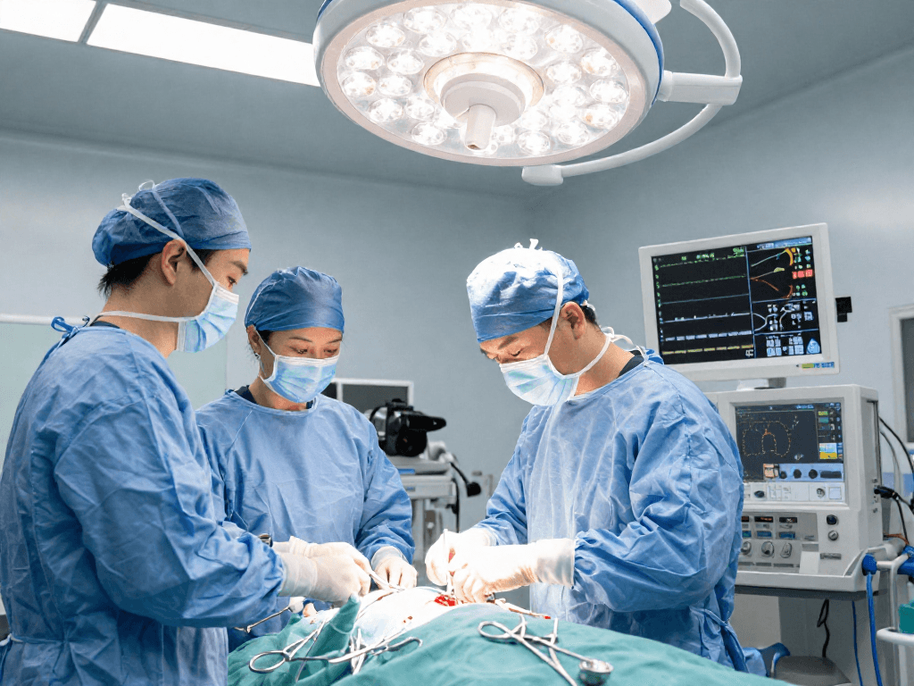 Bel fıtığı ameliyatı in a modern surgical room with a surgeon and advanced technology.