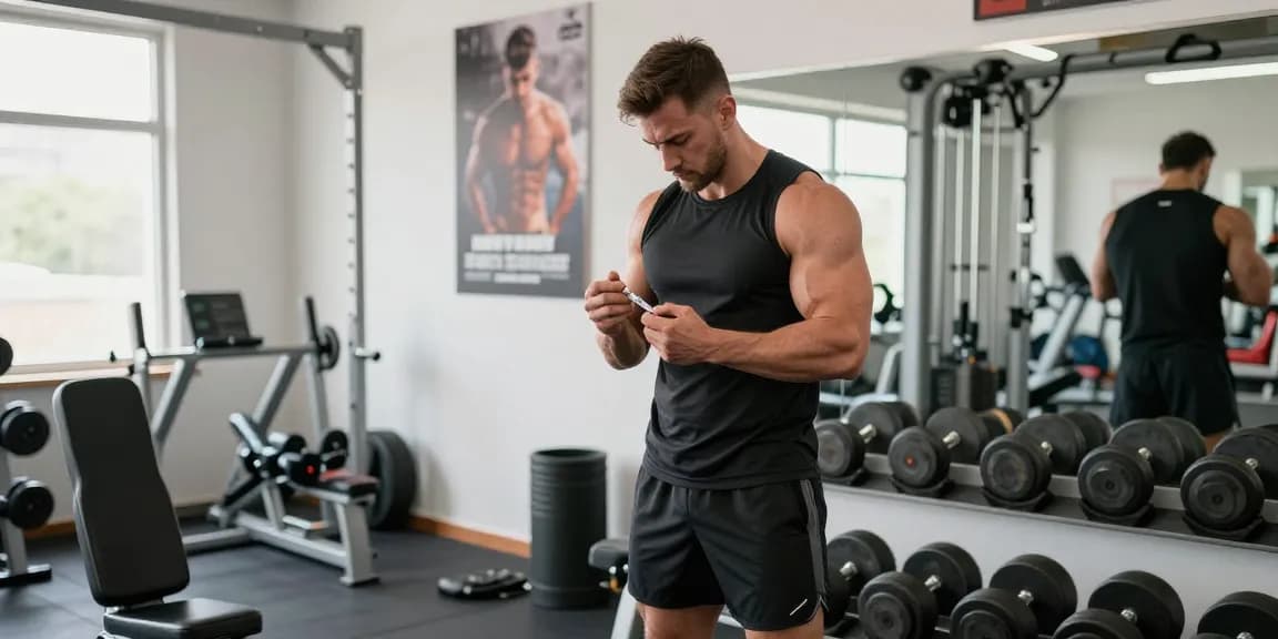 Anabolika Shop: Bodybuilder bereitet sich auf injizierbare Steroide im Fitnessstudio vor.