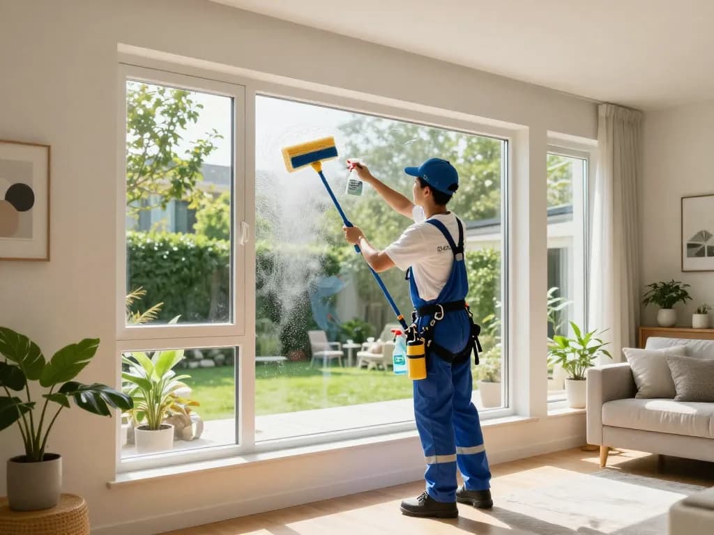 Professioneller Fensterreiniger führt effiziente professionelle Glasreinigung in Münster durch und sorgt für streifenfreie Ergebnisse in einem hellen Wohnzimmer.