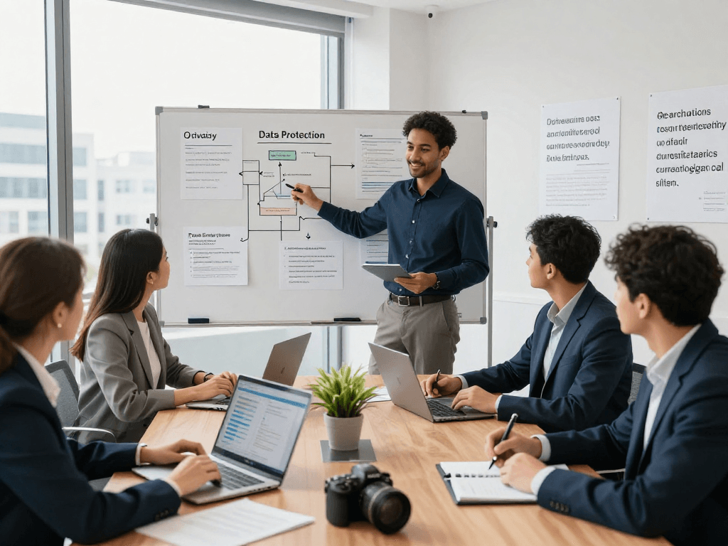 Wirtschaft und Verwaltung Wohnungsbaugenossenschaften Besprechung zur digitalen Barrierefreiheit und Datenschutz in modernem Konferenzraum.