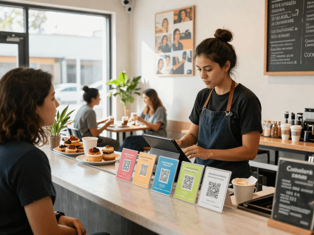 Engaging loyalty program experience at a small café, showcasing customer interactions and loyalty rewards.