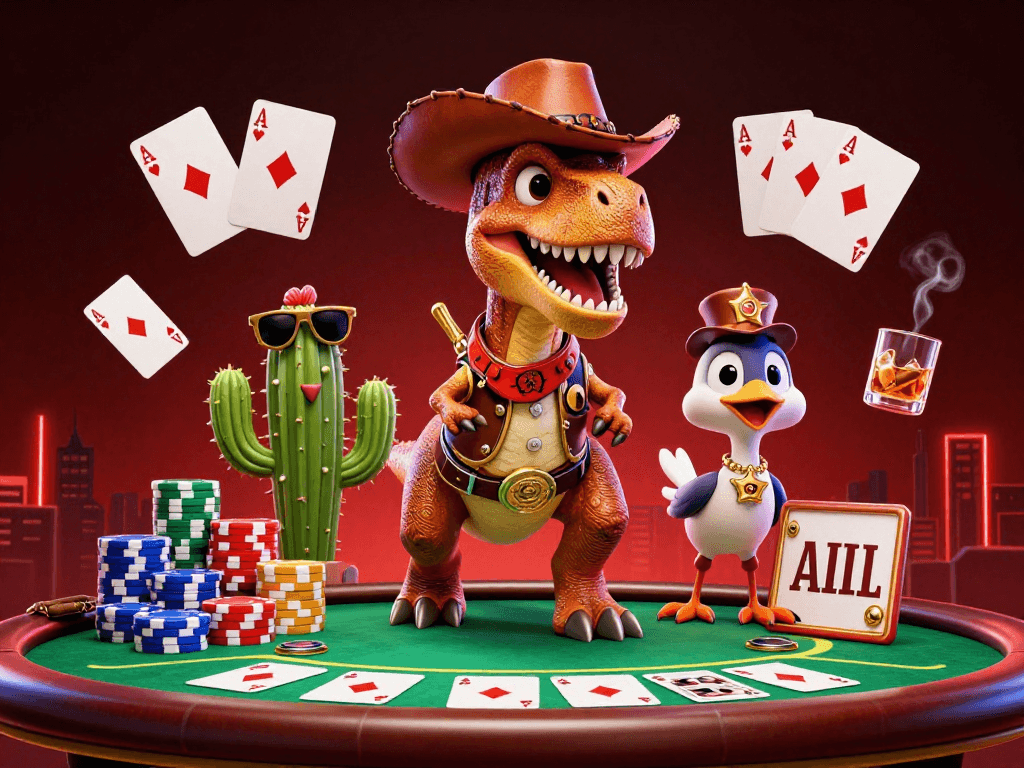 sunwin poker action featuring a cowboy dinosaur, cactus sidekick, and colorful poker chips