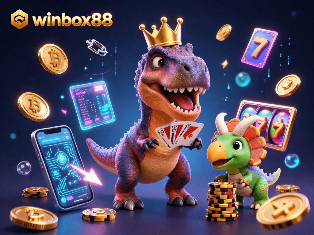 Winbox88 showcases a lively scene with a T-Rex shuffling cards and a triceratops stacking chips, representing casino fun.