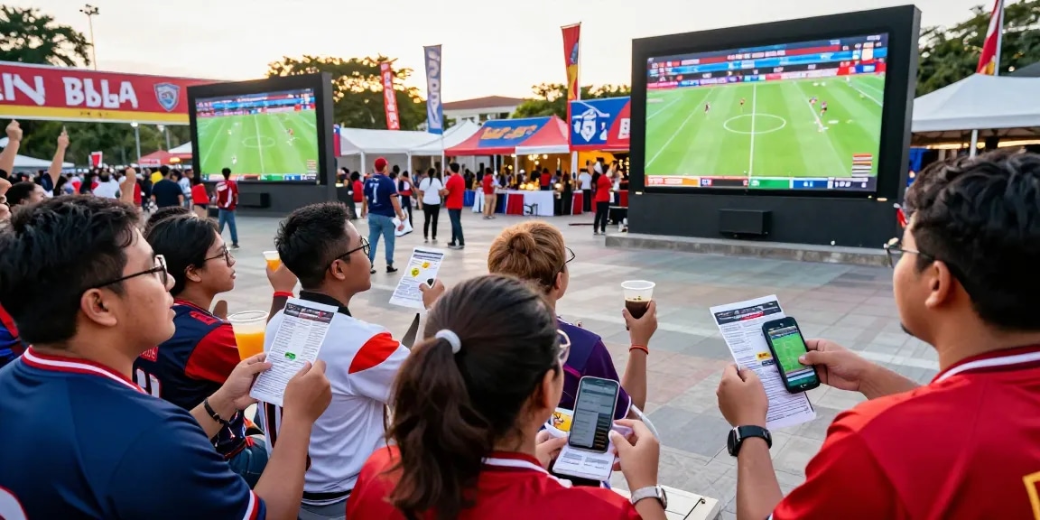 Aktivitas judi bola dengan penggemar sepak bola merayakan di plaza, menyaksikan pertandingan dan memasang taruhan.