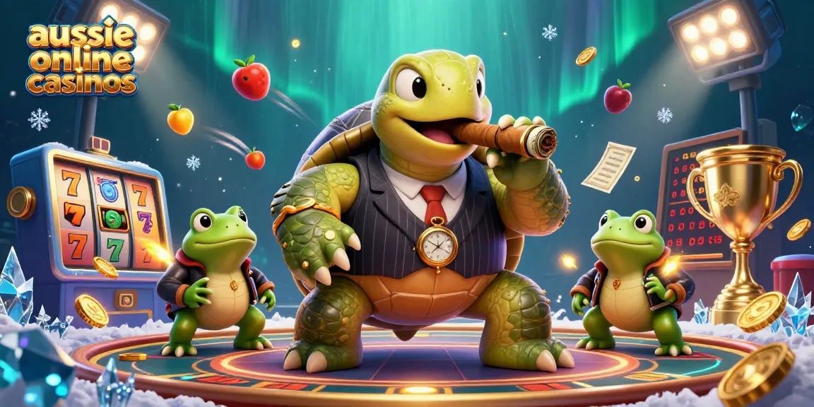 Experience the thrill of aussie online casinos with a cartoon turtle in mobster attire amidst dynamic slot game visuals.