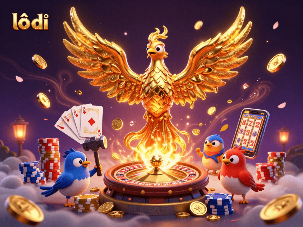 Engage with lô đề gameplay featuring a molten metal phoenix and dynamic casino elements.