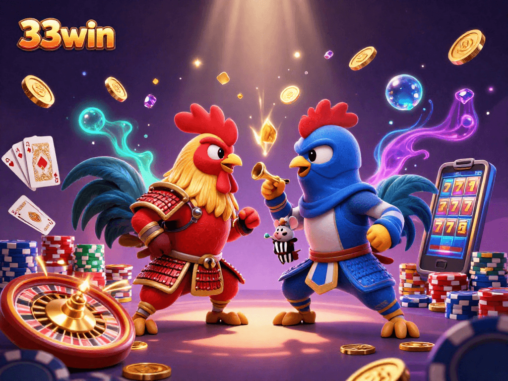 Bettors enjoy dynamic casino action with 33win's animated rooster duel amidst coins and cards.