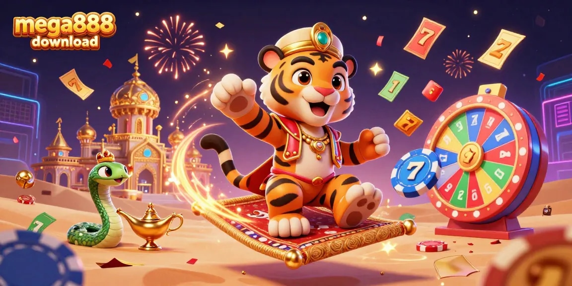 Experience the excitement of mega888 download with vibrant slot reels and colorful scenes.