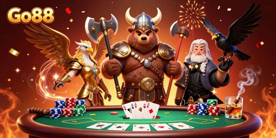Engage with Go88's thrilling gaming universe featuring dynamic cartoon characters and casino elements.