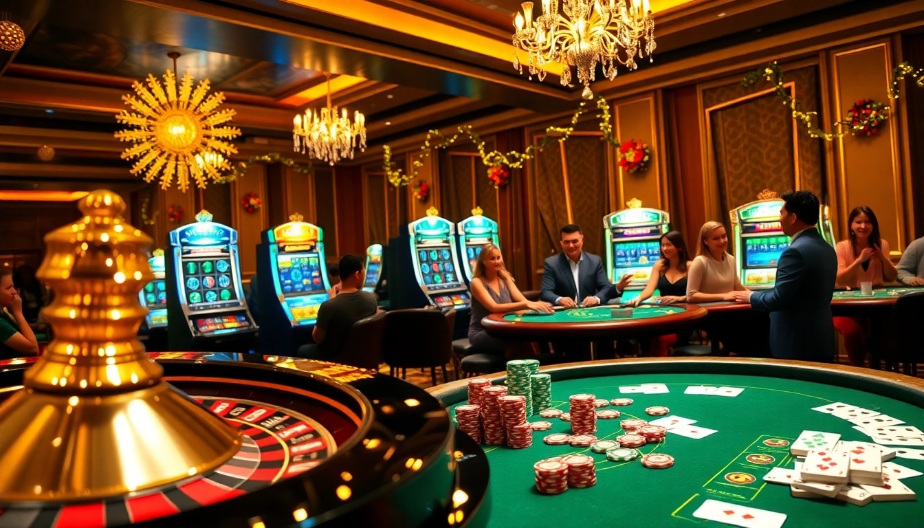 Engaged gamblers revel in a vibrant casino scene, showcasing BDTK1 excitement with roulette and poker.