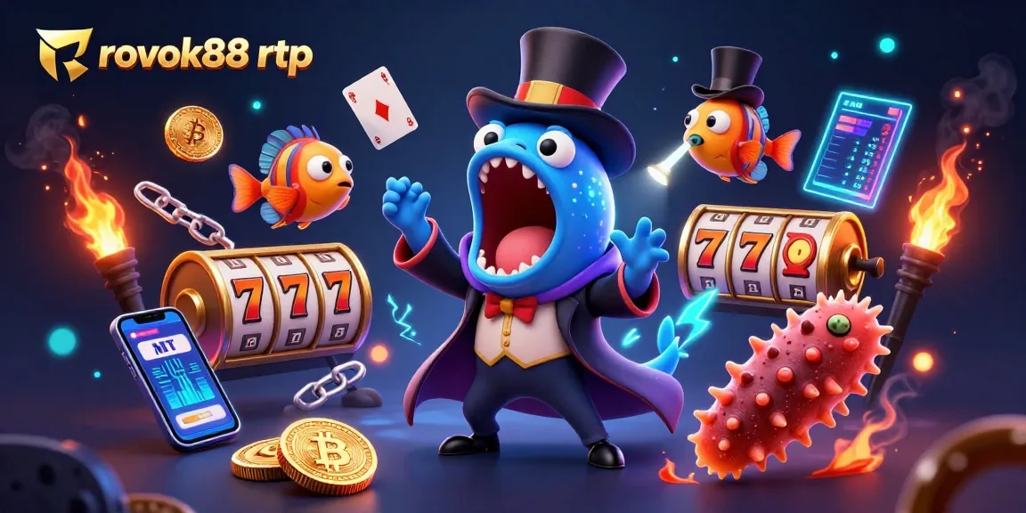 Watch the rokok88 rtp show where a gulper eel performs card tricks amidst lively casino elements.