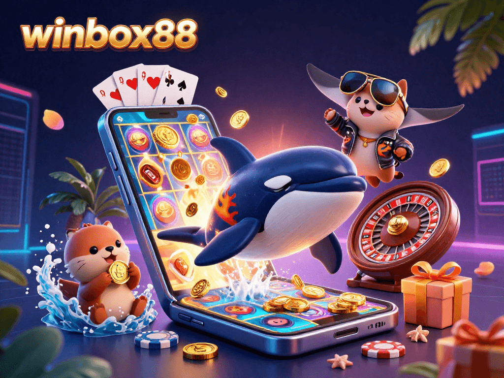 Experience the excitement of winbox88 with vibrant 3D characters celebrating casino wins and games.