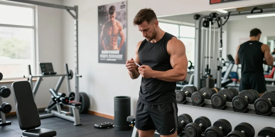 Anabolika Shop: Bodybuilder bereitet sich auf injizierbare Steroide im Fitnessstudio vor.