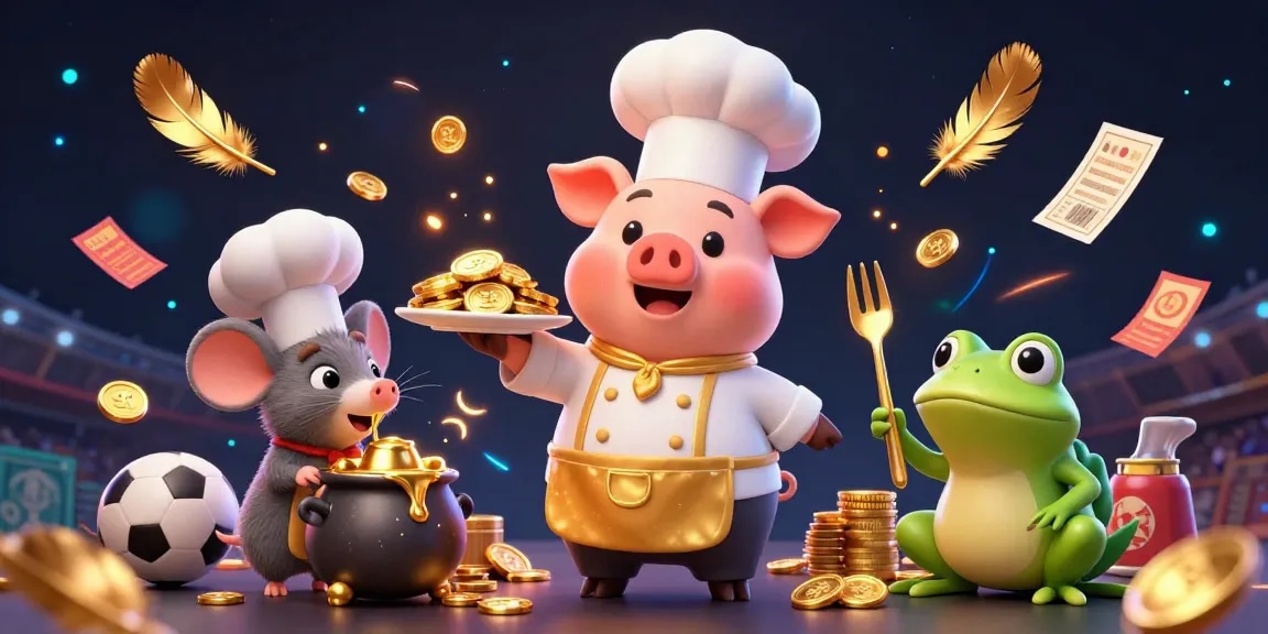 Bet big with kèo bóng đá at this vibrant illustration showcasing a chef pig, sous-chef mouse, and critic frog amidst football elements.