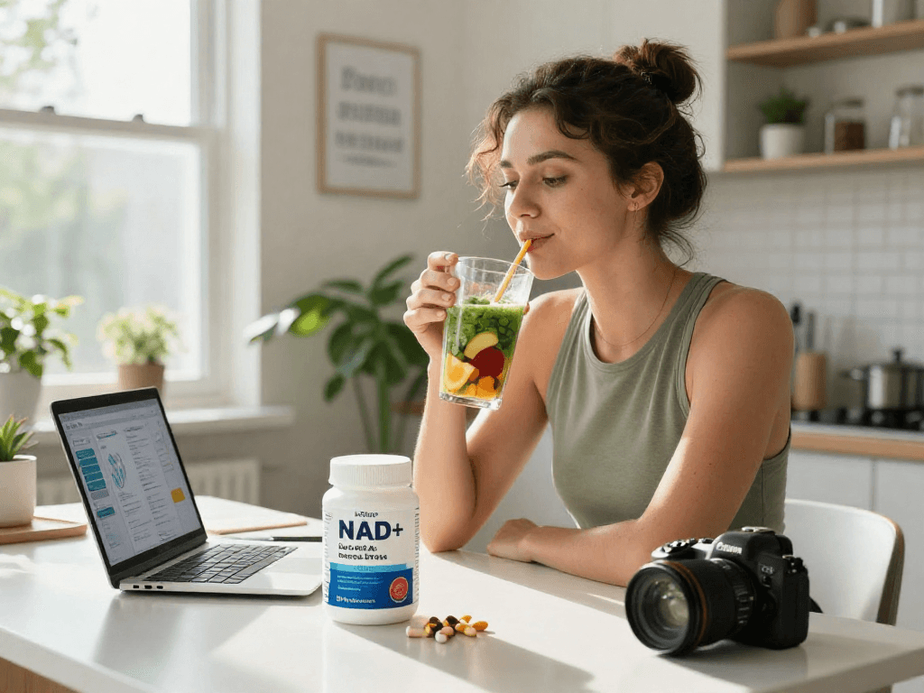 NAD+ benefits showcased in a wellness scene with a professional enjoying smoothie and InStrips products.