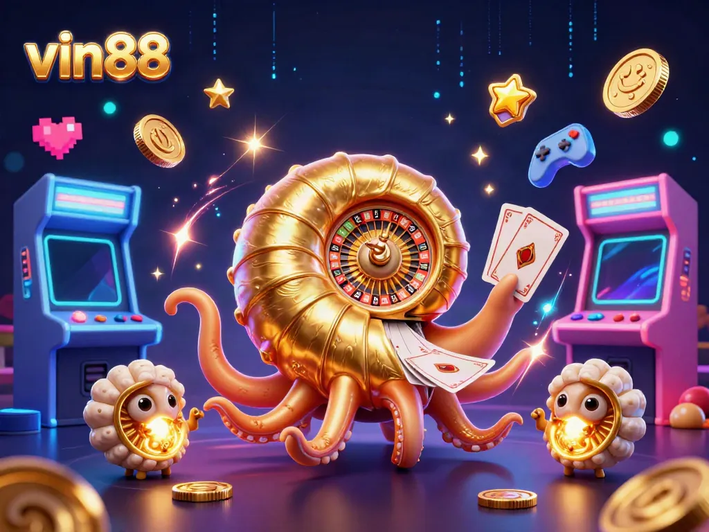 Witness thrilling gameplay at vin88 with a vibrant 3D illustration of a giant nautilus and glowing game elements.