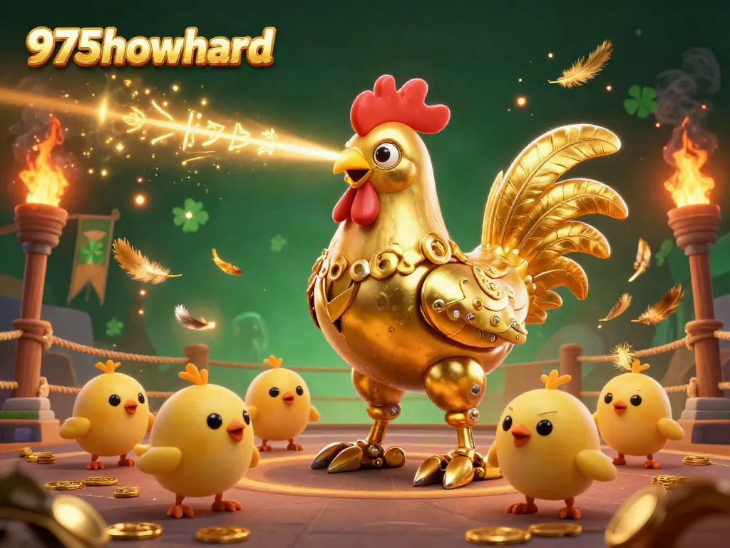 Engage with 975howard's exciting gambling arena featuring a golden rooster robot amidst thrilling game elements and energetic visuals.