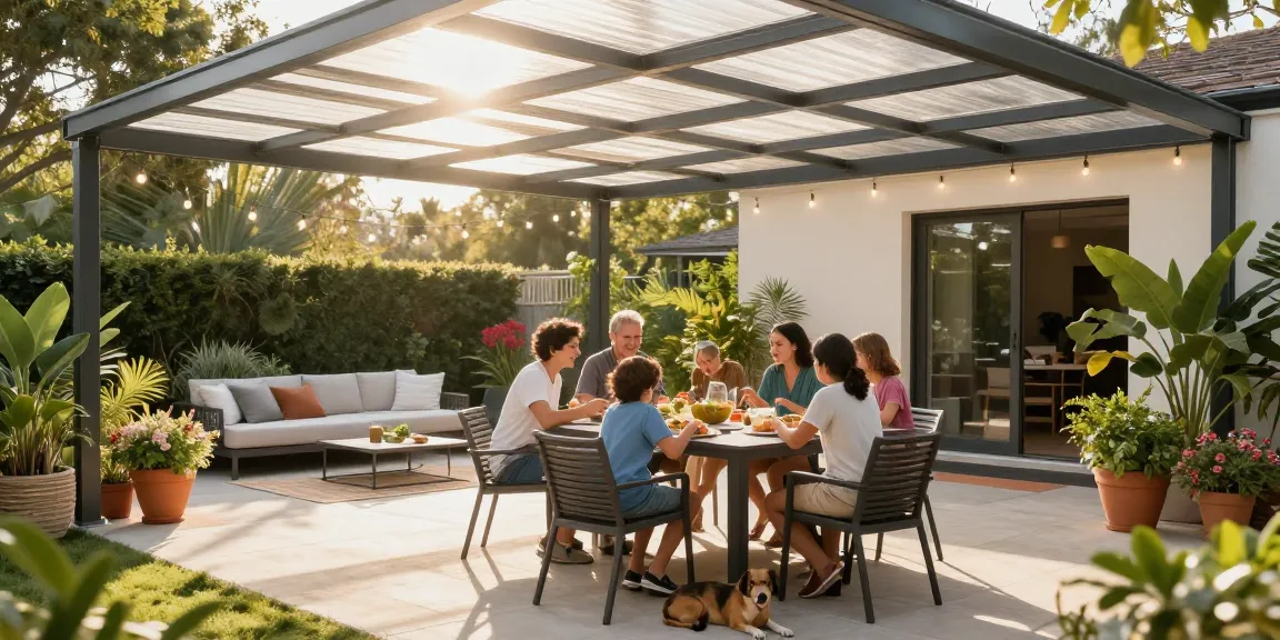 Terrassenüberdachungen in modernem Design, Familie genießt das Essen auf der Terrasse.