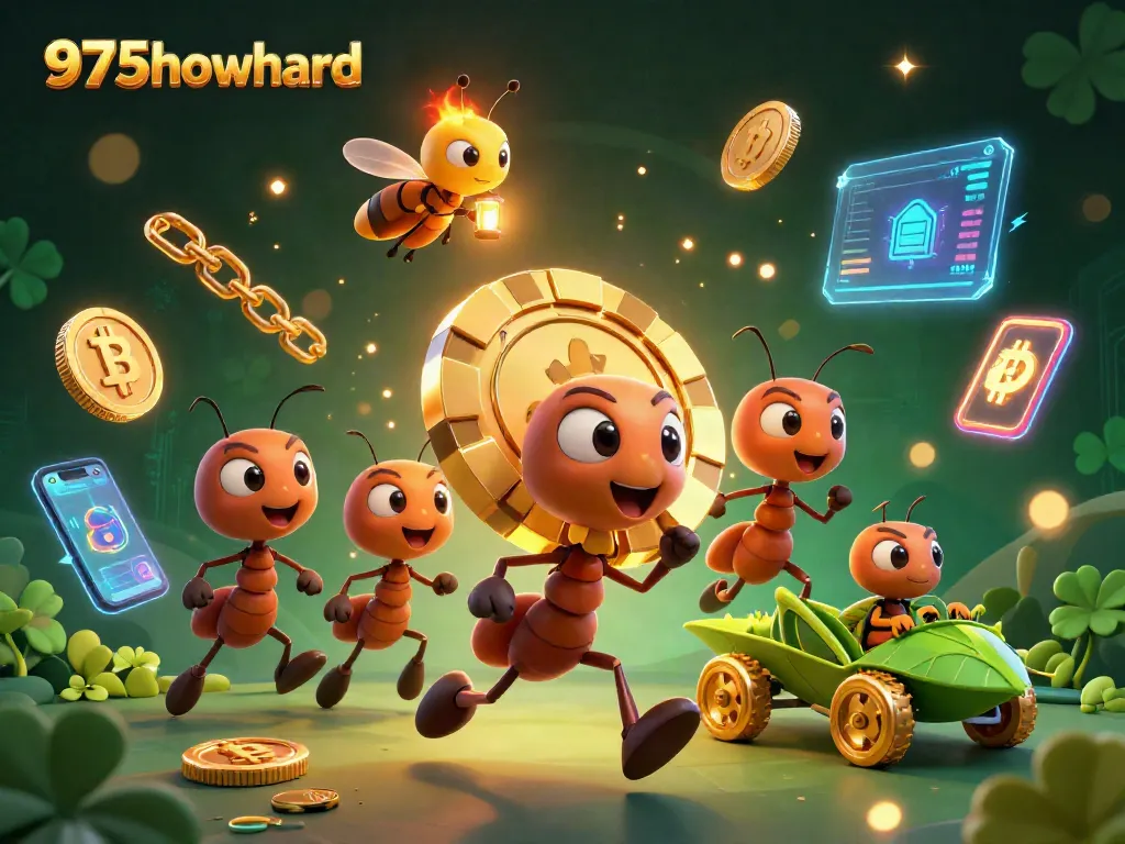 Engage in thrilling casino action with 975howard's vibrant heist scene featuring cartoon ants, crypto coins, and a dynamic backdrop.