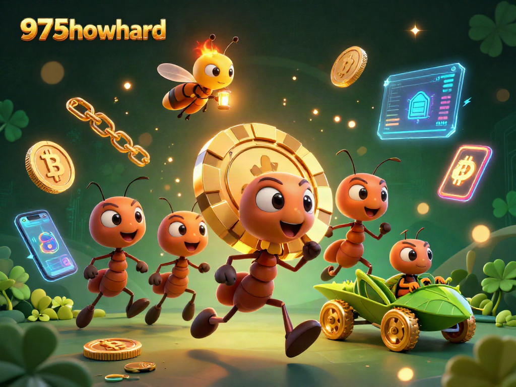 Engage in thrilling casino action with 975howard's vibrant heist scene featuring cartoon ants, crypto coins, and a dynamic backdrop.
