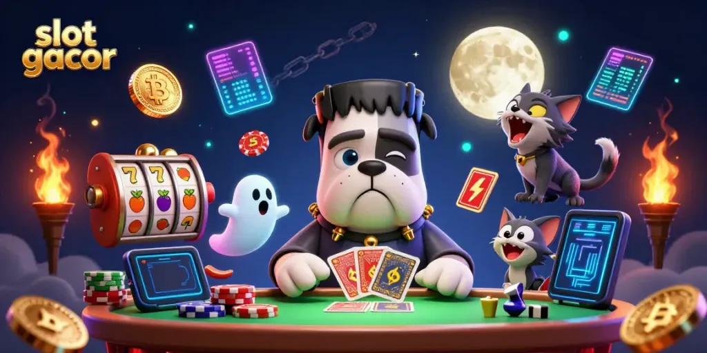 Experience slot gacor winning moments with vivid 3D illustration of a quirky casino scene.