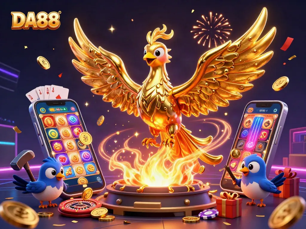 Experience gaming excitement with DA88's golden phoenix, vibrant slot games, and dynamic casino action.