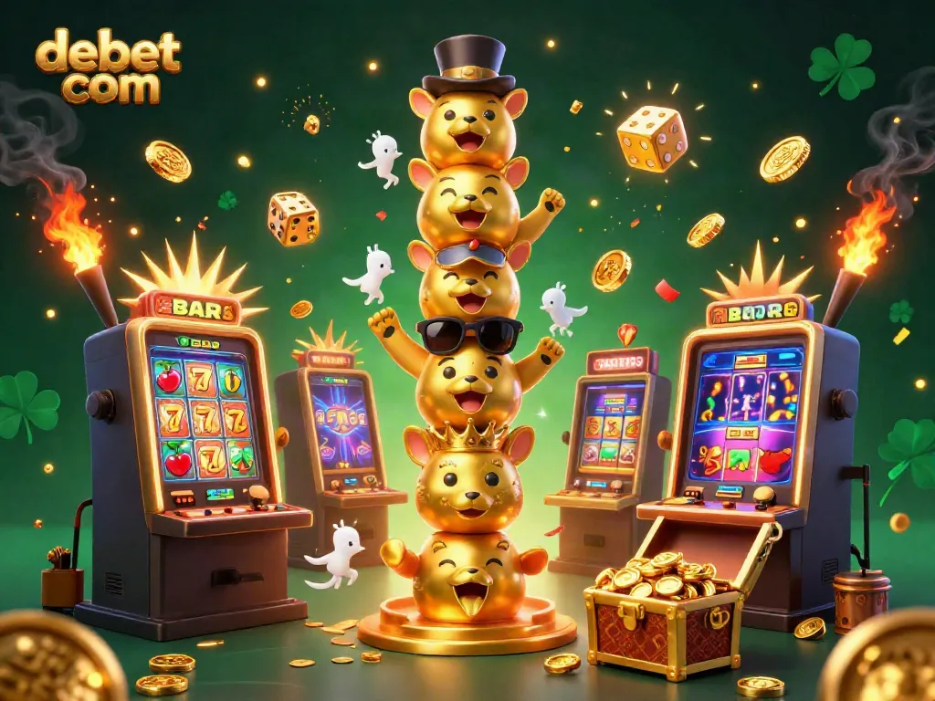 Engage with exciting casino games and offerings at debet com in a colorful 3D illustrated scene.