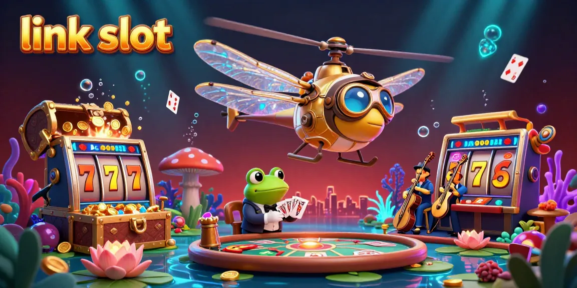 Experience link slot excitement with a vibrant casino scene featuring a dragonfly pilot, frog croupier, and playful jazz musicians.