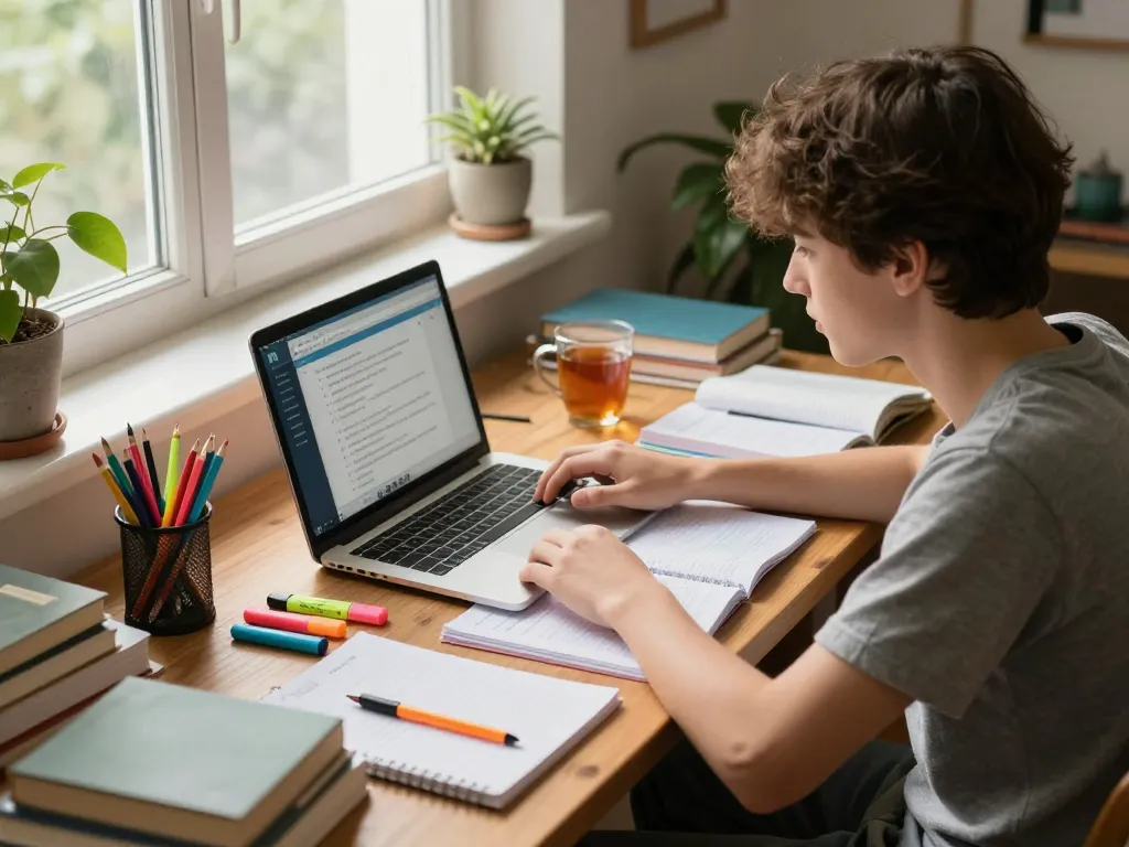 Engagierter Schüler, der den Hausaufgaben KI-Hausaufgabenassistenten in einem gemütlichen Arbeitszimmer nutzt.