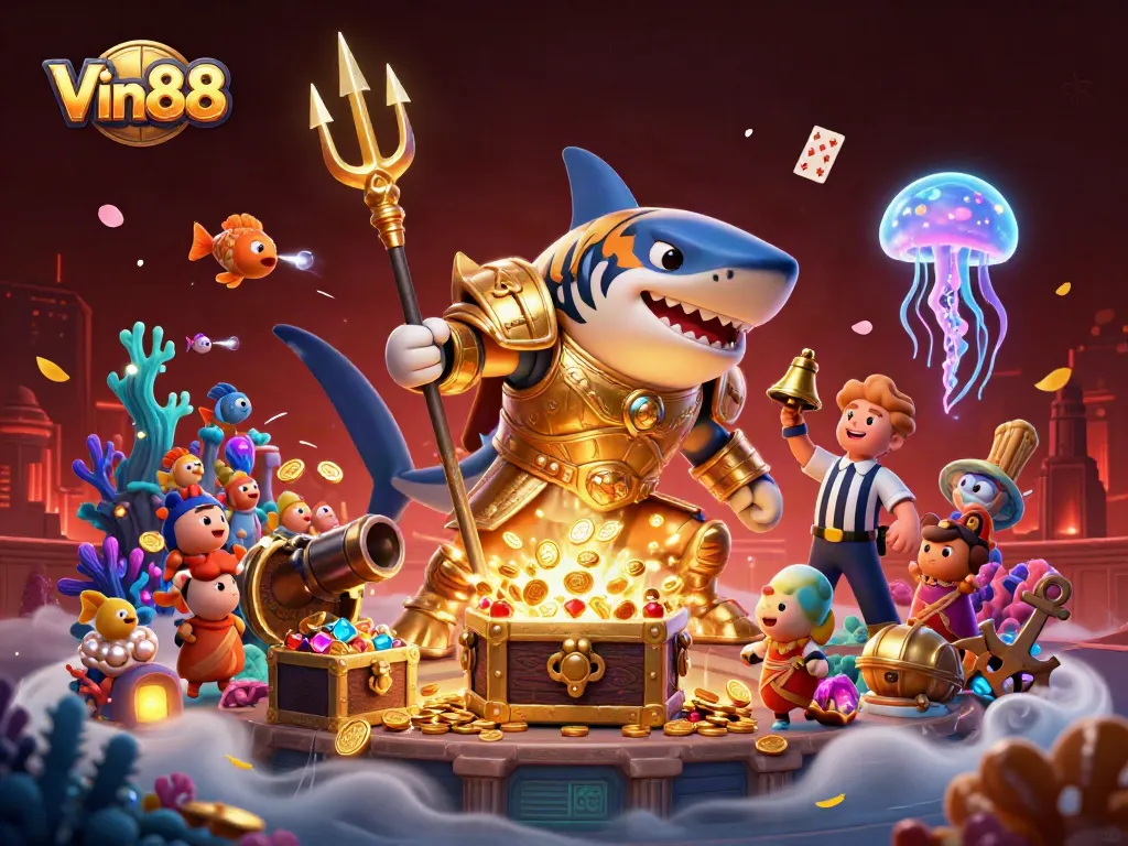 Experience Vin88 with a thrilling underwater casino adventure featuring vibrant characters and game elements.