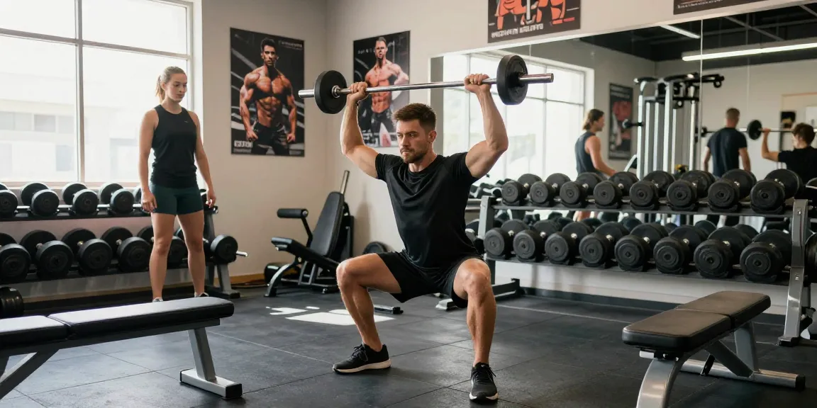 Selliza Shop: Fitness-Enthusiast hebt Gewichte in modernem Fitnessstudio mit motivierender Atmosphäre.
