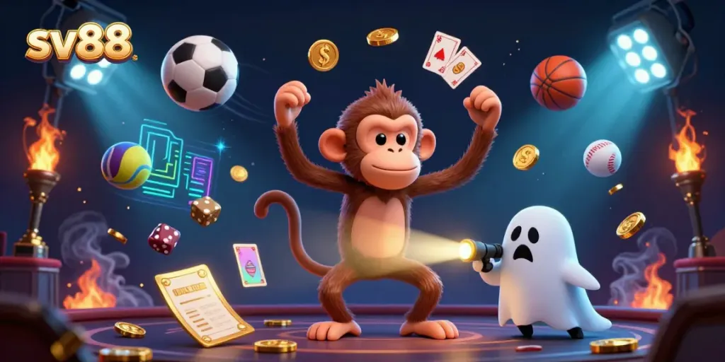 Track the sv88 monkey juggling golden coins in a dynamic haunted casino scene with sports excitement.
