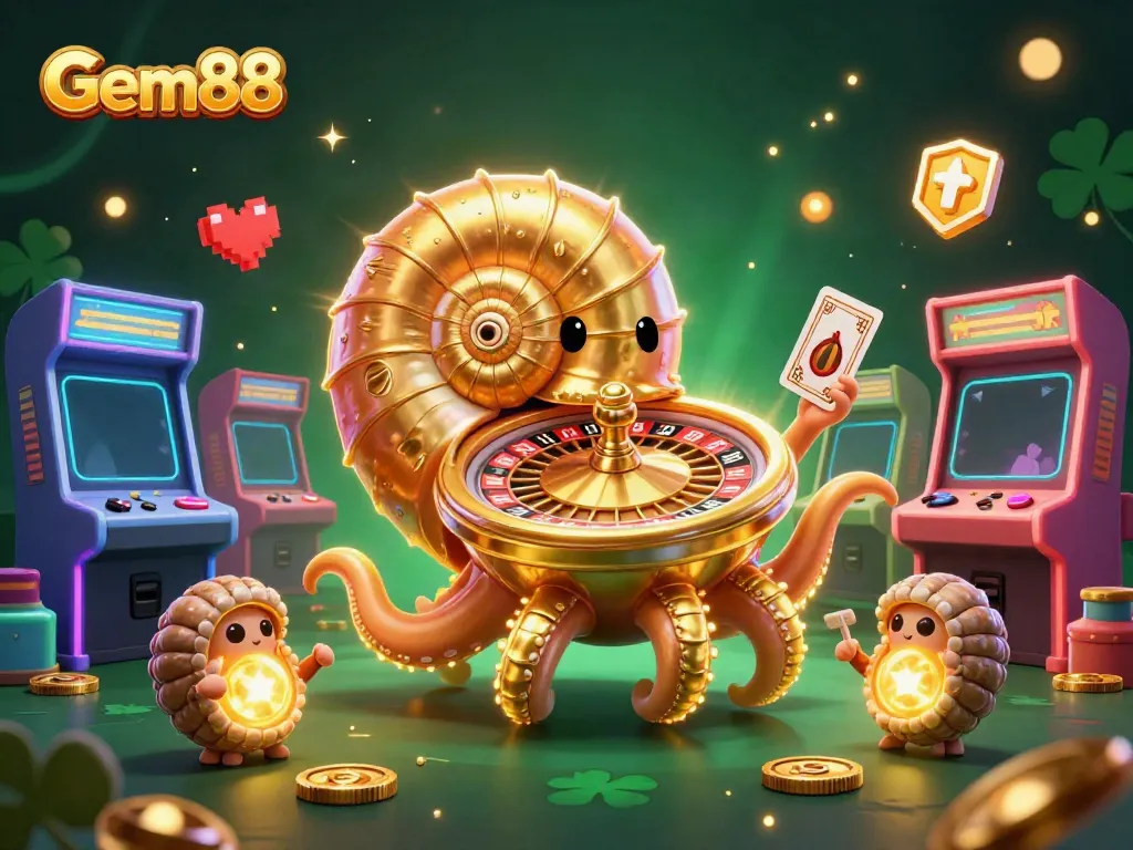 Vibrant casino scene with the Gem88 nautilus character showcasing jackpots and colorful arcade games.