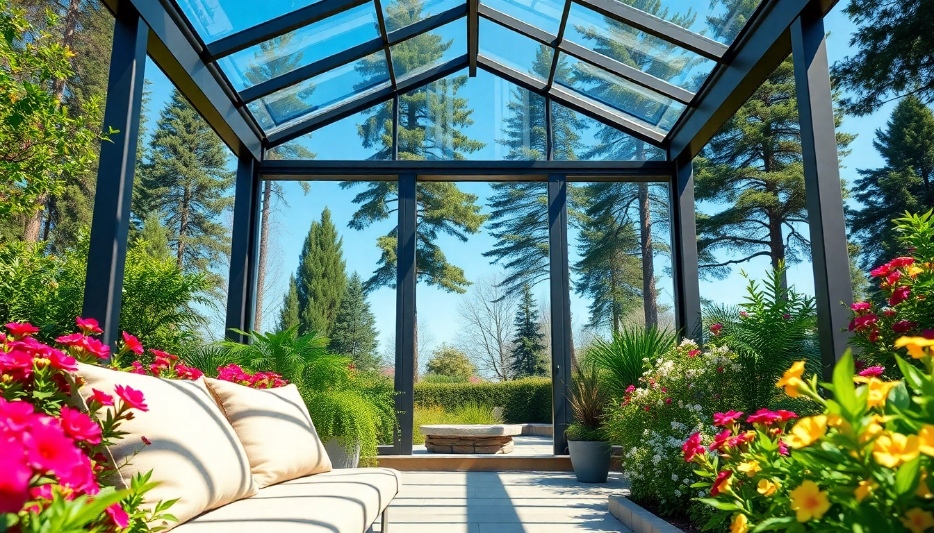 Wintergarten mit eleganter Glasstruktur und bunten Blumen im Hintergrund.