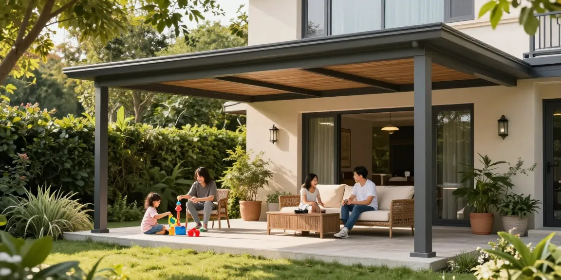Familie entspannt unter einer freistehenden Terrassenüberdachung im Garten mit grünem Umfeld.
