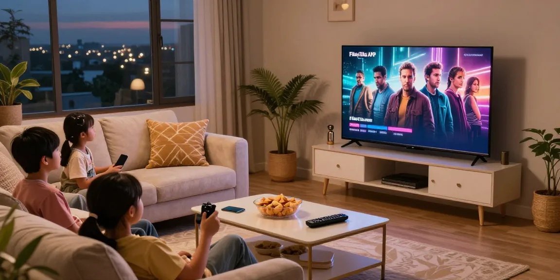 Family watching a movie using FilmyZilla APK on smart TV in cozy living room