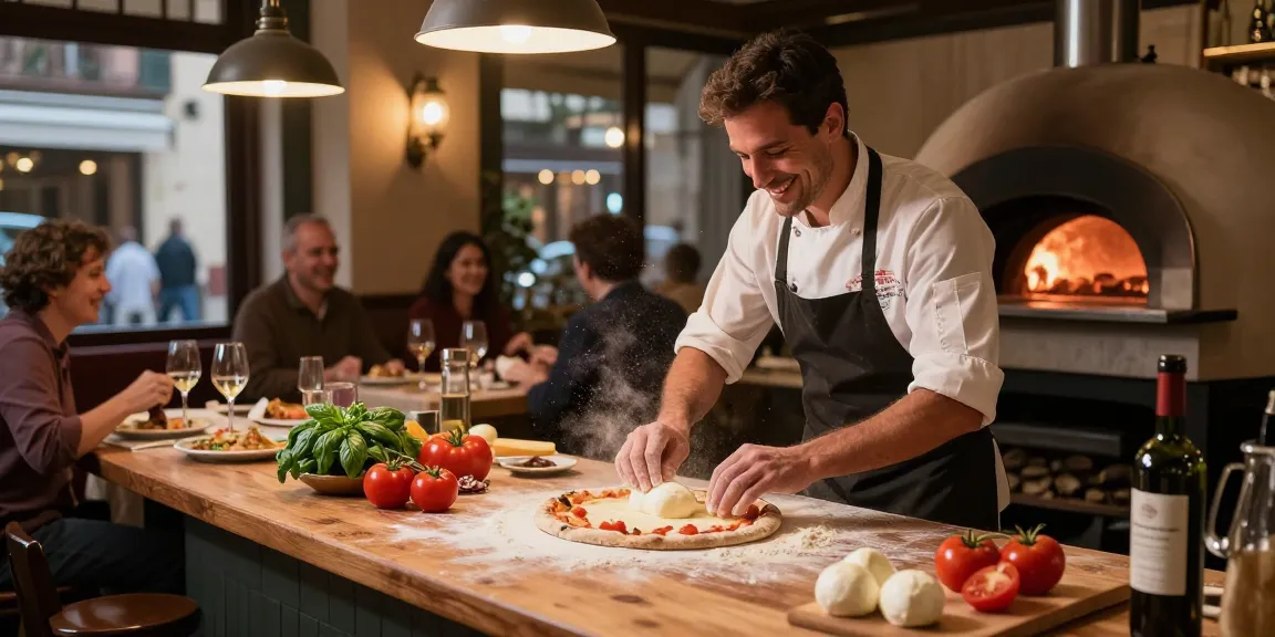 Authentic Italian pizza preparation scene at Pizzeria Madera showcasing the art of pg soft dough making.