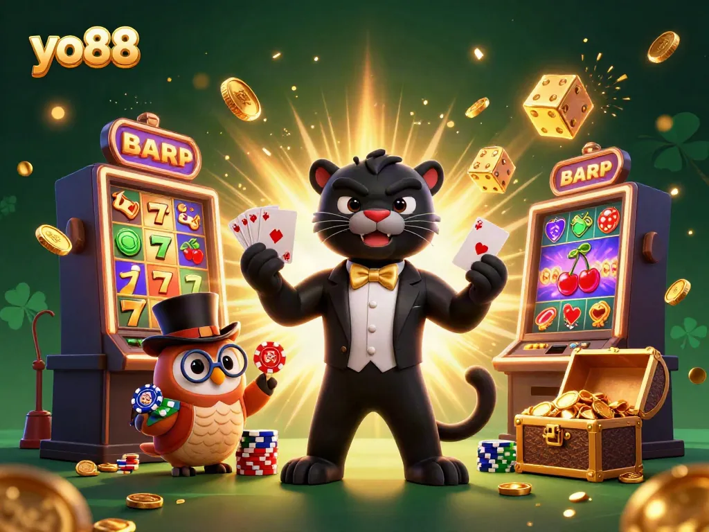 Experience thrilling gaming at yo88 with a stylish panther dealer and vibrant casino elements.