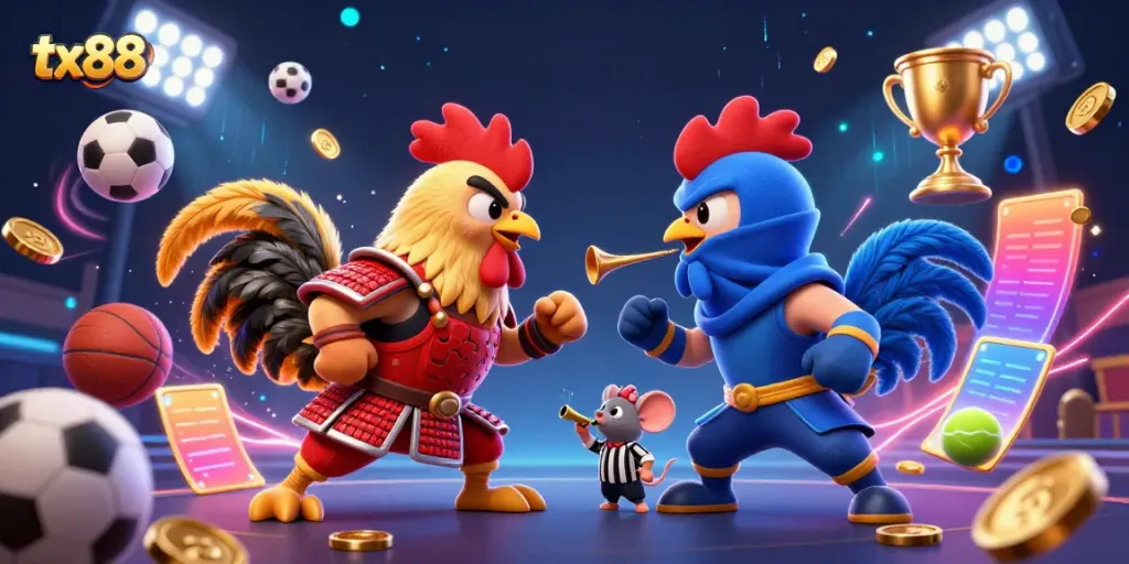 Experience thrilling action at tx88 with twin roosters clashing in an exhilarating gambling showdown.