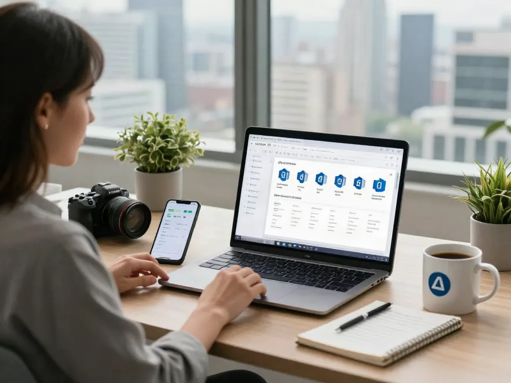 Professionelle Arbeitsumgebung mit Office 2024 Home auf Laptop sichtbar, motivierende Büroszene.