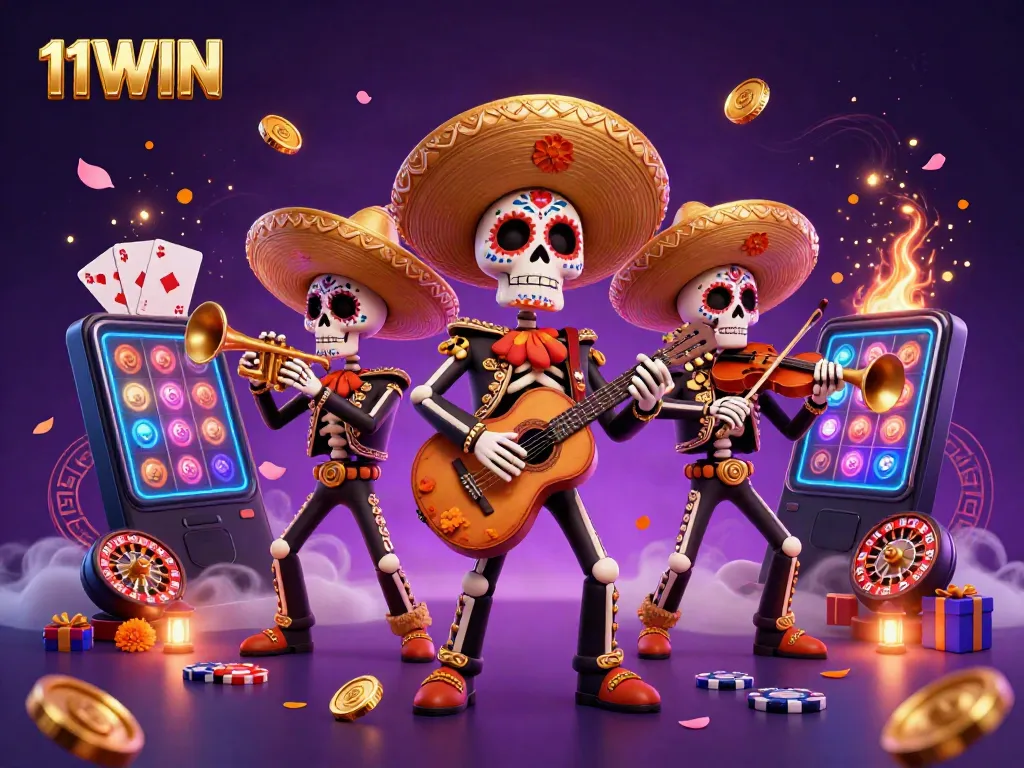 Experience the vibrant 11WIN casino environment with a lively mariachi band surrounded by slot games and casino elements.