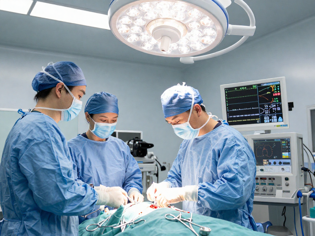 Bel fıtığı ameliyatı in a modern surgical room with a surgeon and advanced technology.