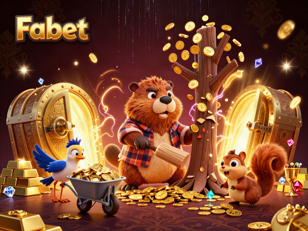 Experience thrilling gaming with Fabet as a beaver chops a tree raining gold coins, embodying excitement and fortune.
