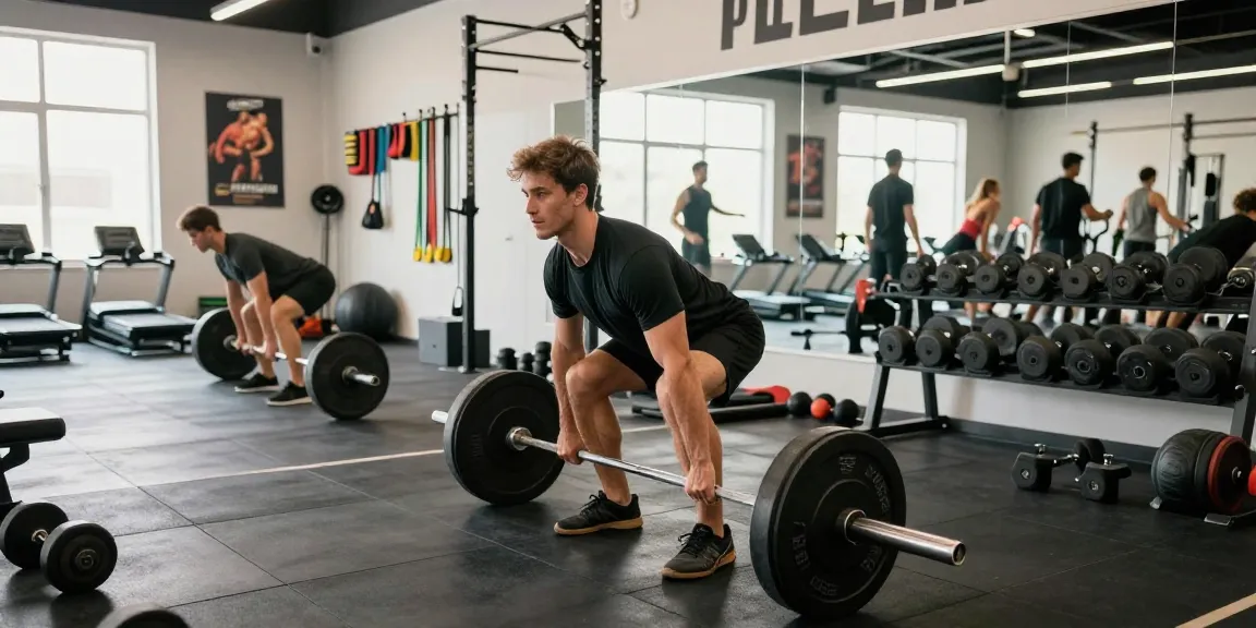 Global Pharma Steroids - Athlet beim Heben schwerer Gewichte in einem modernen Fitnessstudio, motivierendes Umfeld.