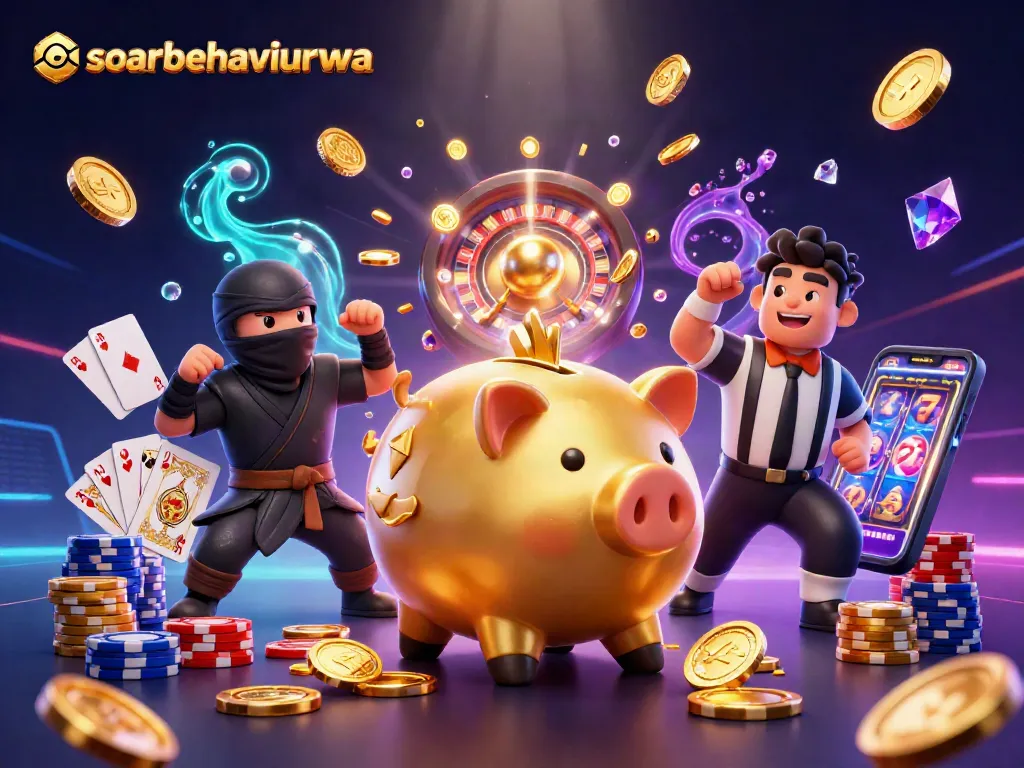 soarbehaviorwa depicts an exhilarating casino showdown with a golden piggy bank, wallet ninja, and samurai referee